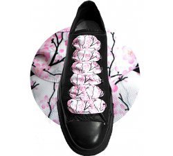 White satin wide shoelaces with japanese flowers 