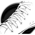 White shoelaces with black stitching